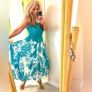 VTG Vasna,Bustle Dress, Blue & White Floral Italian-Made Dress, 80’s,GUC, Size L